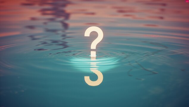 Floating glowing question mark symbol creating ripples on calm lake under pink purple teal lighting - Powered by Adobe