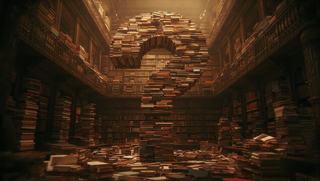 Standing question mark sculpture formed by hardcover books in library, with wooden bookshelves - Powered by Adobe