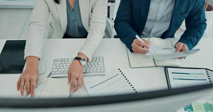 Writing, info and hands with paperwork, office and teamwork for financial report, talking and above. Research, online and people with documents for budget analysis, accountant or data entry with tech - Powered by Adobe