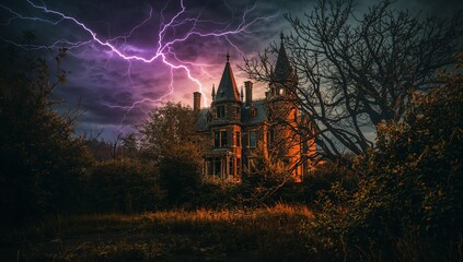 Glowing gothic turreted mansion in forest clearing with lightning bolts striking shrubs and trees