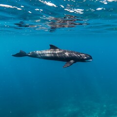 Obraz premium Pilot whale swimming underwater in the deep blue ocean, marine life.