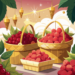 Baskets of raspberries and grapes with hanging lanterns in a dreamy setting