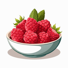 Bowl of ripe raspberries with green leaves