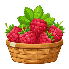 Basket full of fresh raspberries with leaves