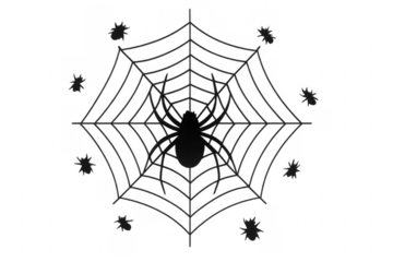 Black spider on web with small insects halloween pattern