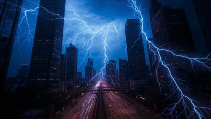 Striking lightning bolt flashing at night over highway under overpass, with light trails and towers