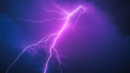 Striking bright purple lightning bolt illuminating open night sky, with swirling storm clouds