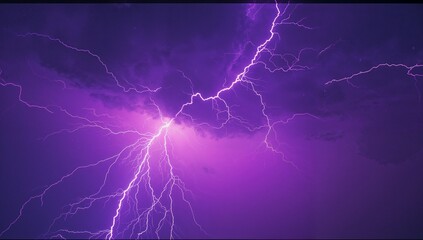 Splitting white violet branching lightning bolt streaking across turbulent purple sky, with clouds