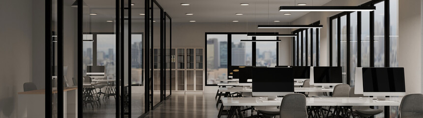 3D rendering of a modern open plan office interior evening time