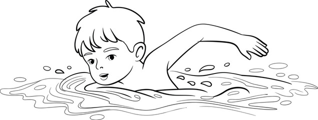 Child swimming line drawing, freestyle stroke illustration, kids water activity sketch, swimming technique art, sports education concept, aquatic motion design