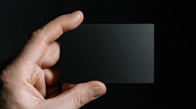 Hand holding blank card on black background. Simple mockup for contact details or presentation