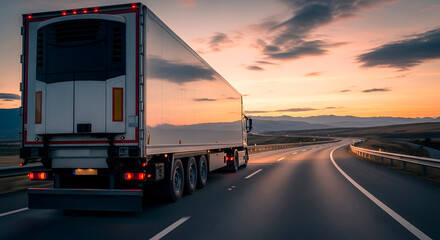 Obraz premium Truck driving on winding road at sunset, back view. Freight transport, logistics business, and long-haul journey concept for transportation industry advertisement