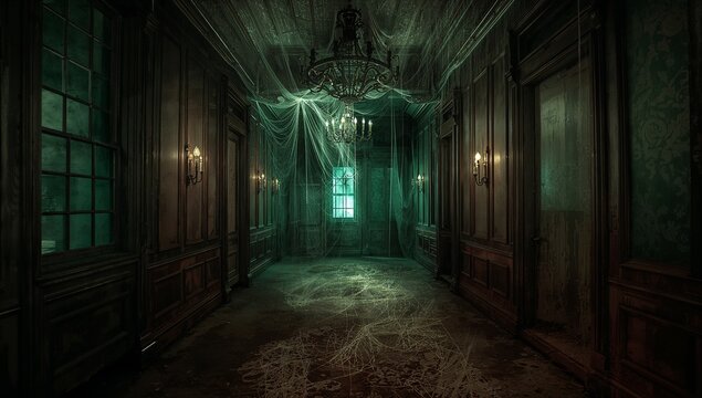Bathing corridor inside manor in eerie glow showcasing wall sconces and chandelier draping netting - Powered by Adobe
