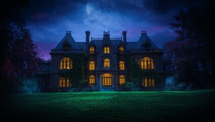 Glowing stone mansion at night, with lit arched windows, climbing ivy, misty lawn and cloudy sky