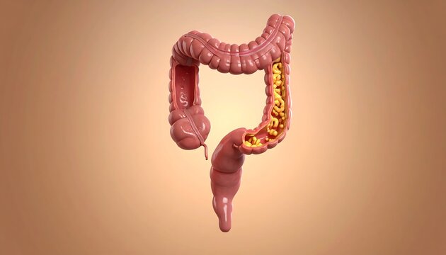 Intestinal inflammation depicted as small, inflamed pouches on a large intestine.
