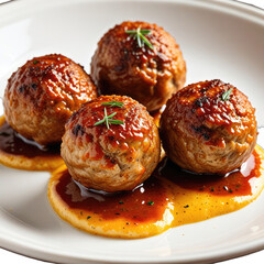Close-up of four glazed meatballs on a white plate with sauce