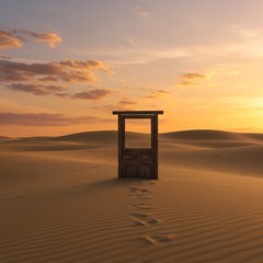 Mysterious Wooden Doorway in Vast Desert Landscape at Sunset.