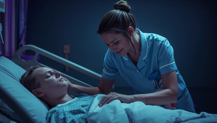 Obraz premium Leaning nurse in light blue uniform placing hand on white blanket covered patient in hospital room