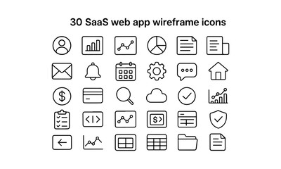 Collection of 30 hand drawn saas web app wireframe icons