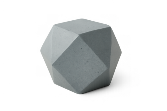 Geometric concrete sculpture featuring abstract polyhedron design, minimalist decoration and modern style on transparent background