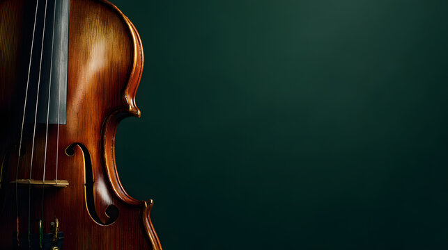Elegant violin on a dark green background with copy space for text. Musical instrument background illustration.