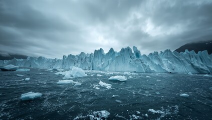 Fototapeta premium Towering glacier wall rising from choppy seawater at remote polar bay, with ice floes and icebergs