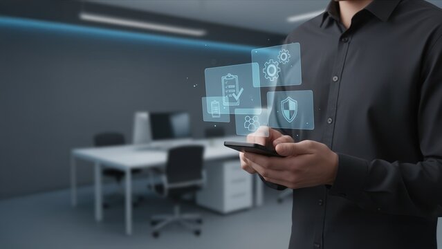 A man using a smartphone with floating blue panels and icons showing workplace compliance, hr compliance, and incident reporting