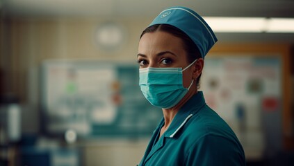 Standing nurse wearing teal scrubs and surgical mask at nurse station bulletin board, copy space