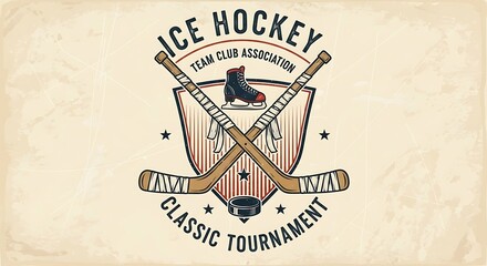 Ice Hockey Team Club Association Classic Tournament Emblem with Crossed Sticks and Puck.