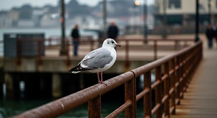 Seagull Perched on Rusty Railing at a Pier on an Overcast Day.