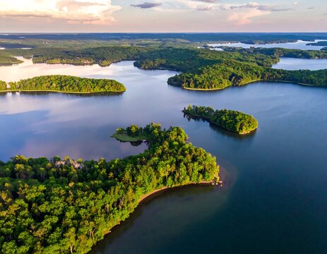Aerial view of islands and a lake reflecting the sky at golden hour