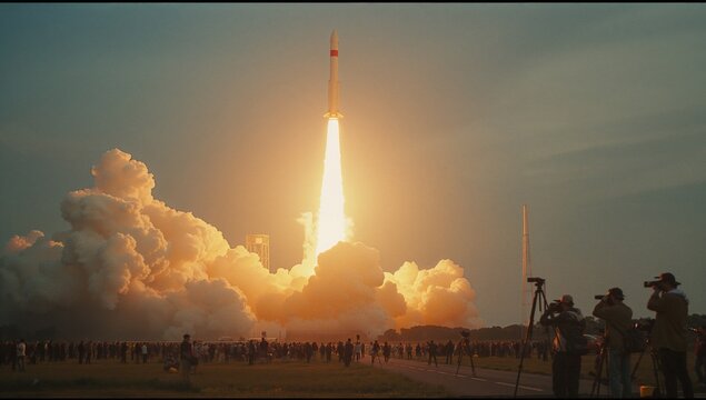 Launching slim rocket ascending at spaceport, with photographers operating tripods capturing flame - Powered by Adobe