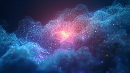 Forming abstract point cloud wave in 3D space, with glowing particle mesh, luminous grid, sparkles