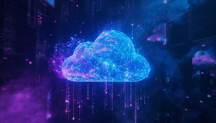 Floating neon blue network cloud symbol hovering in futuristic data center, streaming glowing nodes