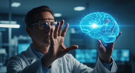 Scientist Wearing a Lab Coat and Glasses, Examining a Holographic Projection of the Human Brain, Symbolizing Ongoing Research Into Brain Aging