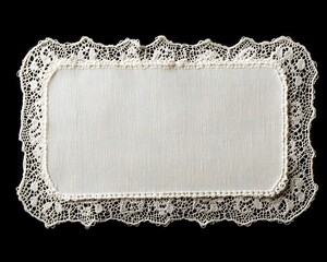 Elegant white fabric doily with intricate lace trim on black background. Rectangular, delicate & classic