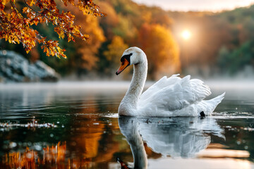 Elegant white swan swimming on calm lake at sunrise surrounded by colorful autumn forest and golden sunlight reflection