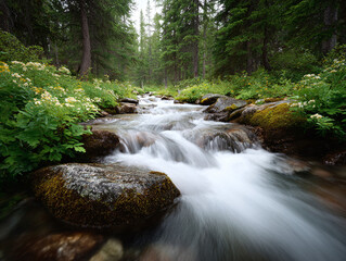 Obraz premium Scenic shot of a rushing creek flowing through a lush green forest. Perfect for nature, tranquility, or environmental themes. Ideal for travel blogs or wellness campaigns.