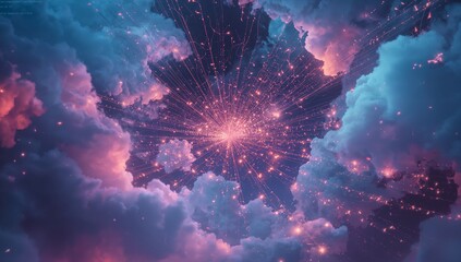 Emitting central luminous core radiating filaments across purple-blue cosmic clouds, with particles