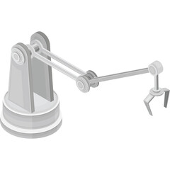 Industrial robotic arm with articulated joints and gripper on a white transparent background representing automation and manufacturing technology