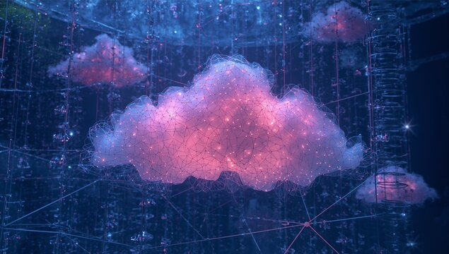 Floating glowing mesh cloud in dark exhibition, showcasing network wires and LED nodes - Powered by Adobe