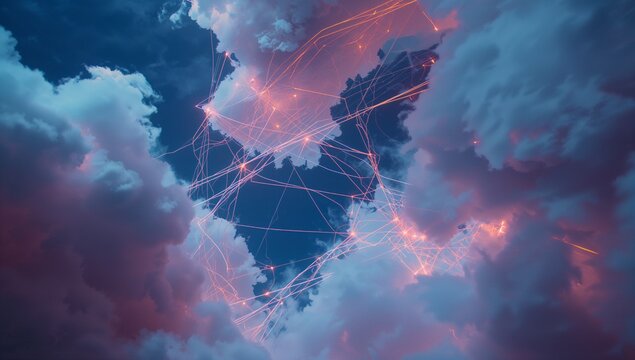 Revealing glowing network forming triangular gap above thick clouds, with glowing nodes