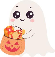 Cute cartoon ghost holding Halloween candy bucket