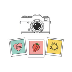 Camera and Polaroid Photos - Love, Strawberry, and Sunshine.