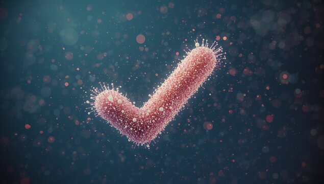 Floating virus-like check mark drifting in dark teal fluid, with spike proteins and particles - Powered by Adobe