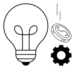 Lightbulb, falling coin, and gear connected to themes of creativity, financial growth, and automation. Ideal for innovation, business, technology, engineering entrepreneurship investment