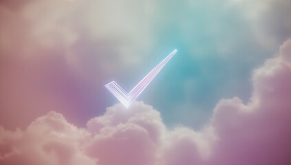 Floating holographic checkmark icon glowing with neon edges above pastel cloudscape, dreamlike sky