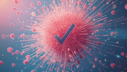 Displaying central virus-like sphere in abstract digital space, with particles and blue check mark
