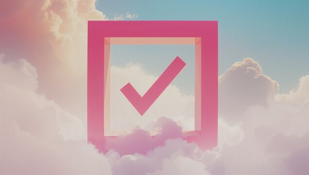 Floating 3D pink check mark in translucent square amid pastel clouds, showing peach-aqua gradient