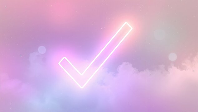 Glowing neon check mark symbol floating across pastel gradient backdrop, with dreamy cloud textures - Powered by Adobe